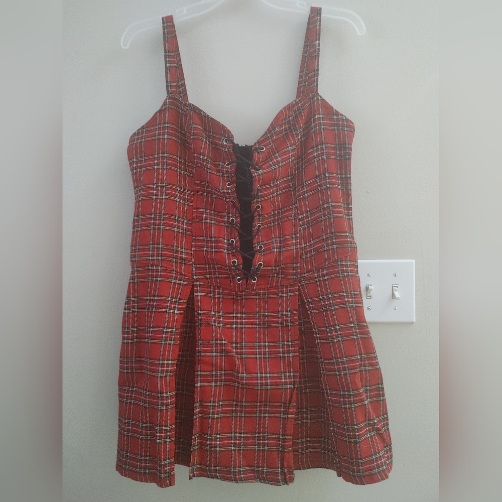 2000s Lip Service Red Plaid Tartan Corset Mini Dress in size L